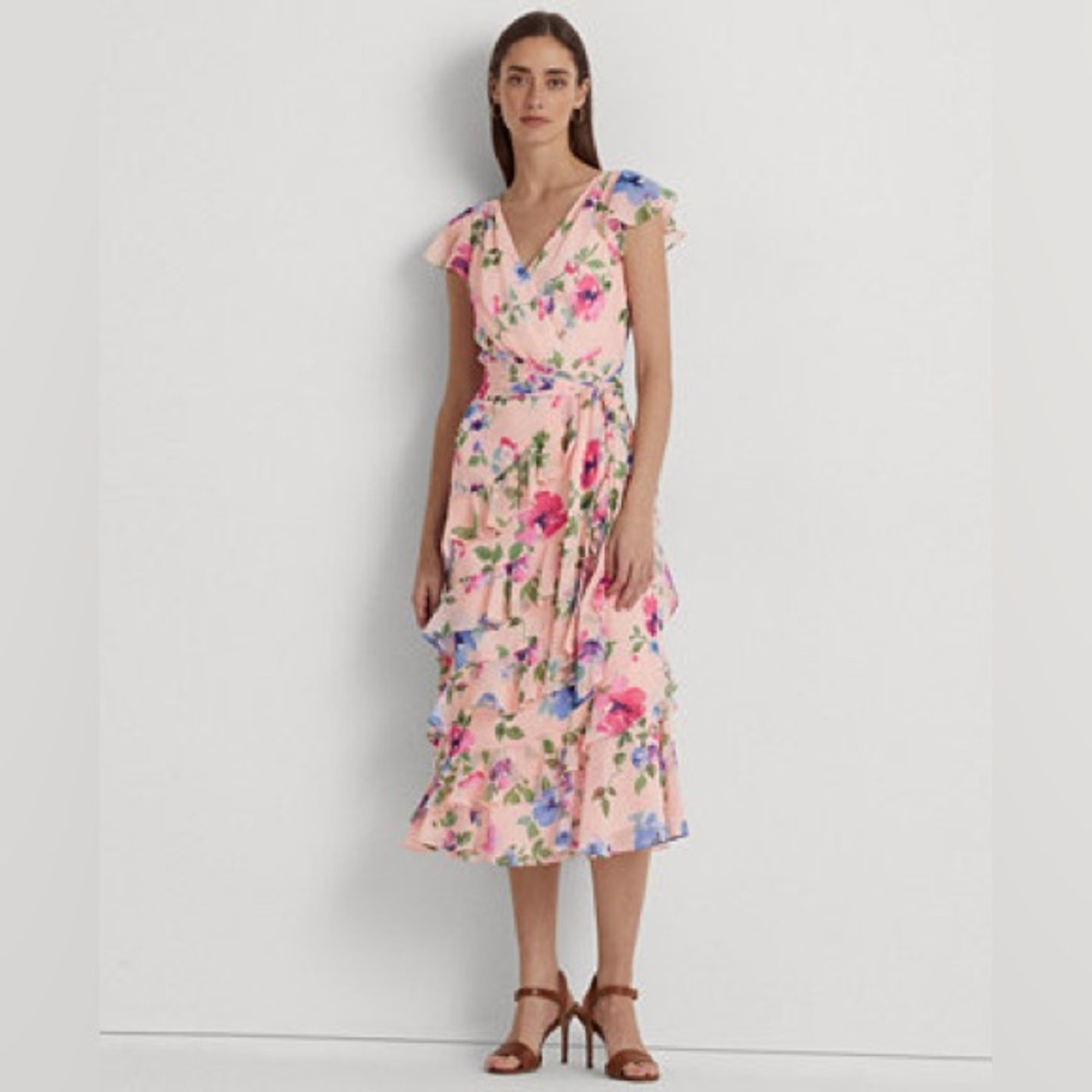 NWT Lauren Ralph Lauren Floral Belted Crinkle Georgette Dress Ruffle Pink 12 - Picture 2 of 8